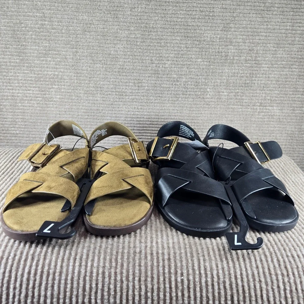 Time and Tru Women Size 7‎ Black Olive Green X Band Buckle Memory Foam Sandals